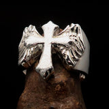 Excellent crafted two tone Men's flying winged Cross Ring - Sterling Silver - BikeRing4u