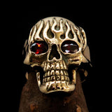 Excellent crafted Men's Brass Biker Ring flaming Skull on Fire Red CZ Eyes - BikeRing4u