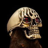 Excellent crafted Men's Brass Biker Ring flaming Skull on Fire Red CZ Eyes - BikeRing4u