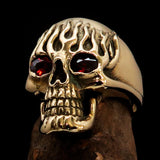 Excellent crafted Men's Brass Biker Ring flaming Skull on Fire Red CZ Eyes - BikeRing4u