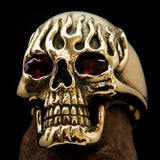 Excellent crafted Men's Brass Biker Ring flaming Skull on Fire Red CZ Eyes - BikeRing4u