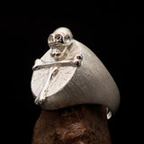 Excellent crafted Men's Ring Bone Cross R.I.P Skull matte finish - Sterling Silver - BikeRing4u
