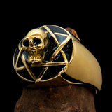 Excellent crafted domed Men's black Hexagram Skull Ring - solid Brass - BikeRing4u