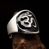 Excellent crafted Men's black Aum Buddhist Ring - Sterling Silver - BikeRing4u