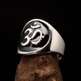 Excellent crafted Men's black Aum Buddhist Ring - Sterling Silver - BikeRing4u
