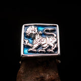 Perfectly crafted Men's blue Sinhalese Lion Ring - Sterling Silver - BikeRing4u