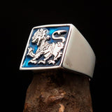 Perfectly crafted Men's blue Sinhalese Lion Ring - Sterling Silver - BikeRing4u
