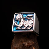 Perfectly crafted Men's blue Sinhalese Lion Ring - Sterling Silver - BikeRing4u