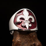 Excellent crafted Men's red Fleur de Lis Seal Ring - Sterling Silver - BikeRing4u
