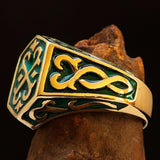 Excellent crafted Men's Celtic Crest Ring Green Enamel - Brass - BikeRing4u