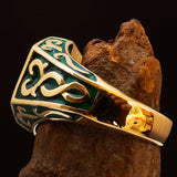 Excellent crafted Men's Celtic Crest Ring Green Enamel - Brass - BikeRing4u