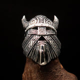 Excellent crafted Men's horned Viking Warrior Ring - antiqued Sterling Silver - BikeRing4u