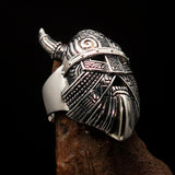 Excellent crafted Men's horned Viking Warrior Ring - antiqued Sterling Silver - BikeRing4u