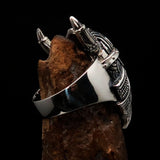 Excellent crafted Men's horned Viking Warrior Ring - antiqued Sterling Silver - BikeRing4u