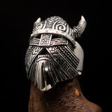 Excellent crafted Men's horned Viking Warrior Ring - antiqued Sterling Silver - BikeRing4u