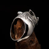 Perfectly crafted Men's howling Wolf Ring - antiqued Sterling Silver - BikeRing4u