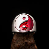 Excellent crafted Men's red Yin Yang Ring - Sterling Silver - BikeRing4u
