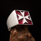 Perfectly crafted Men's Biker Ring Maltese Cross Red - Sterling Silver - BikeRing4u