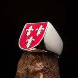 Excellent crafted Men's red Fleur de Lis Coat of Arms Ring - Sterling Silver - BikeRing4u