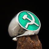 Excellent crafted Men's Socialist Ring Hammer Sickle Green - Sterling Silver - BikeRing4u