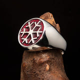Excellent crafted Men's Winter Ring red Snowflake - Sterling Silver - BikeRing4u