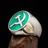 Excellent crafted Men's Socialist Ring Hammer Sickle Green - Sterling Silver - BikeRing4u