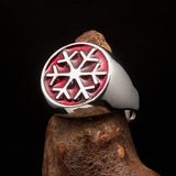 Excellent crafted Men's Winter Ring red Snowflake - Sterling Silver - BikeRing4u