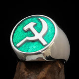 Excellent crafted Men's Socialist Ring Hammer Sickle Green - Sterling Silver - BikeRing4u