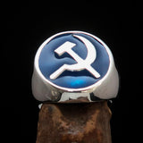 Excellent crafted Men's Socialist Ring Hammer Sickle Blue - Sterling Silver - BikeRing4u