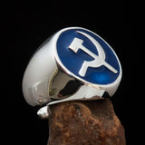 Excellent crafted Men's Socialist Ring Hammer Sickle Blue - Sterling Silver - BikeRing4u