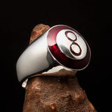 Nicely crafted domed Men's Number Ring red 8 Eight- Sterling Silver - BikeRing4u