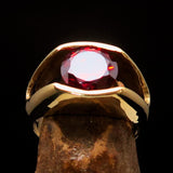 Smoothly crafted Men's Brass Solitaire Ring Red Cubic Zirconia CZ - BikeRing4u