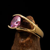 Smoothly crafted Men's Brass Solitaire Ring Pink Cubic Zirconia CZ - BikeRing4u