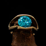 Smoothly crafted Men's Brass Solitaire Ring Blue Cubic Zirconia CZ - BikeRing4u