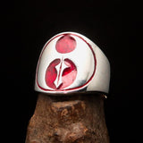 Excellent crafted ancient Men's red Labrys double Axe Ring - Sterling Silver - BikeRing4u