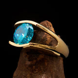Smoothly crafted Men's Brass Solitaire Ring Blue Cubic Zirconia CZ - BikeRing4u