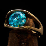 Smoothly crafted Men's Brass Solitaire Ring Blue Cubic Zirconia CZ - BikeRing4u