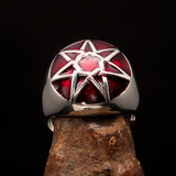 Nicely crafted domed Men's Heptagram Ring red Heptagon - Sterling Silver - BikeRing4u