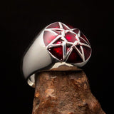 Nicely crafted domed Men's Heptagram Ring red Heptagon - Sterling Silver - BikeRing4u