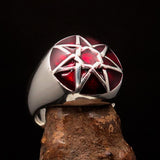 Nicely crafted domed Men's Heptagram Ring red Heptagon - Sterling Silver - BikeRing4u
