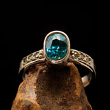 Sterling Silver Solitaire Band Ring with oval Cut Blue Zircon and 6 CZ - Size 4.75 - BikeRing4u