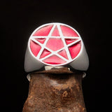 Perfectly crafted Men's Solid Line Pentagram Ring red - Sterling Silver - BikeRing4u