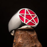 Perfectly crafted Men's Solid Line Pentagram Ring red - Sterling Silver - BikeRing4u