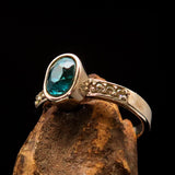 Sterling Silver Solitaire Band Ring with oval Cut Blue Zircon and 6 CZ - Size 4.75 - BikeRing4u