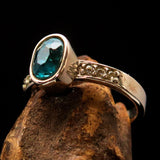 Sterling Silver Solitaire Band Ring with oval Cut Blue Zircon and 6 CZ - Size 4.75 - BikeRing4u