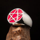 Perfectly crafted Men's Solid Line Pentagram Ring red - Sterling Silver - BikeRing4u