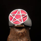 Perfectly crafted Men's Solid Line Pentagram Ring red - Sterling Silver - BikeRing4u