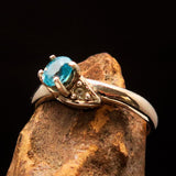 Sterling Silver Solitaire Band Ring with oval Cut Blue Zircon and 2 CZ - Size 6.5 - BikeRing4u