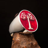 Excellent crafted Men's red oval Tree of Life Ring - Sterling Silver - BikeRing4u