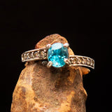 Sterling Silver Solitaire Band Ring with oval Cut Blue Zircon and 10 CZ - Size 5.5 - BikeRing4u